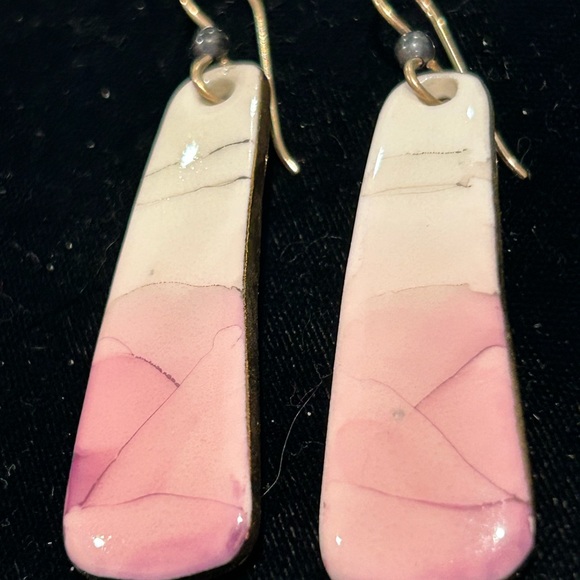 Pink Triple Tone- Hand made Ceramic Dangle 22k gold / platinum Earring🌸 - Picture 6 of 16